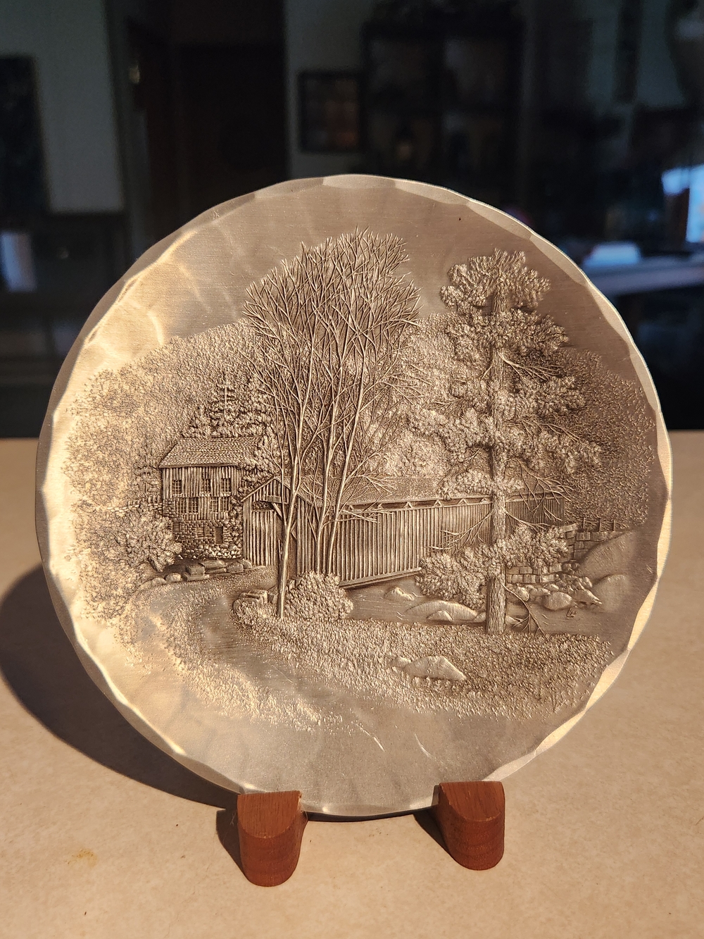 Wendell August Forge Etched Covered Bridg,  Silver Plate.